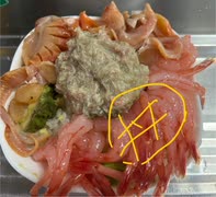 海鮮丼　赤貝　カニ身　蟹味噌　甘エビ　アボガド　酢飯