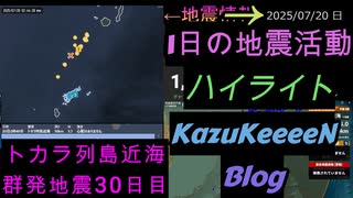 地震活動 2025年07月20日 日曜日 ハイライト トカラ列島近海 群発地震 30日目 減少傾向  カムチャツカ半島付近M7.5 若干の海面変動