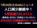 人口動態統計速報値5月分発表!!　引き続き人口減少中！　死亡者は前年同月比−819人と減少　高止まり？　出生は前年同月比1,342人減少の60,718人で減少は40ヶ月連続