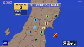 ⚠ 地震記録　2025年7月28日2時4分福島県沖地震　M4.6　90km　最大震度3　宮城県石巻市　涌谷町　AI字幕入り