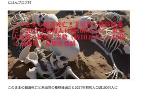 このままの超過死亡と未出世の推移経過だと2027年初旬人口減100万人に     東京大空襲の総死亡者数（約10万人）の10倍に　鳥取県＋島根県消滅