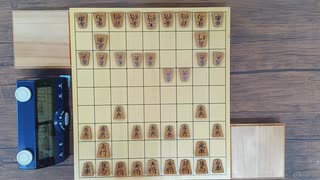将棋　リアル一手30秒将棋30　（先手、手前）四段　東畑直希（居飛車～舟囲い～▲４六銀急戦）　対　門屋（四間飛車～美濃囲い）