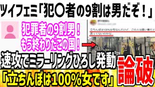 ツイフェミさん「体感では悪い事をする奴の98%が男！」→X民「立ちんぼは100%女性がやってますが...」
