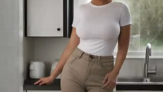 【生成AI】AIパツキン女性にキッチンで手を振らせてみた動画2