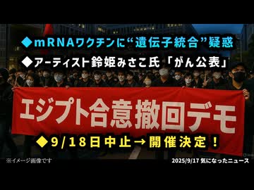 ◆東京都庁前「エジプト合意撤回デモ」中止だった18日も開催決定！◆ステージ4がん患者で初確認？mRNAワクチン遺伝子の“統合”疑惑と衝撃の研究◆神聖かまってちゃんドラマー鈴姫みさこ氏がん公表
