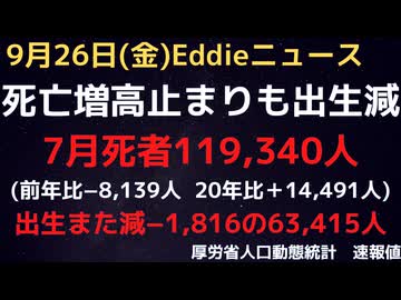 人口動態統計速報値９月発表７月分発表　死亡数は前年同月比で−8,139人減で引き続き高止まりか　でも接種事業前の水準には遠い　出生はまた−1,816人と現象に元戻り…　出生減のほうが問題か