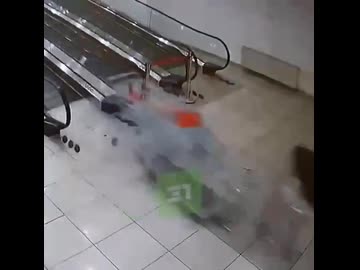 ホモと見るショッピングカートをエスカレーターで運ぼうとする従業員