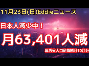 日本人10月に63,401人減少！年間90万人減少ペースか　人口動態統計速報値12月発表10月分　死亡高止まり　出生も下げ止まりの兆し
