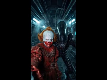 ホモと見るホラー作品の怪物たちと記念撮影するペニーワイズ