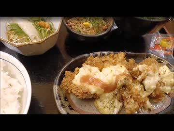 【ザめしや】納豆、チキン南蛮、イカソーメン、ワカメの味噌汁