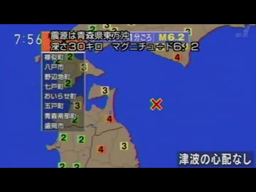 ⚠緊急地震速報記録　2018年1月24日19時51分ごろ青森県東方沖地震　M6.2　30km　最大震度4　北海道　青森県　岩手県　AI字幕入り
