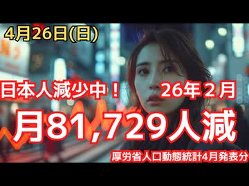 26年2月は日本人が81,729人減少！　前年同月比では死亡数大幅減で落ち着き気味も、これまでの5年間の増加はやはり外的要因の影響の可能性大　（厚労省人口動態統計速報値　４月発表２月分）