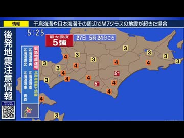 ⚠緊急地震速報記録　2026年4月27日5時24分ごろ十勝地方南部地震　M6.1　80km　最大震度5強　北海道浦幌町　AI字幕入り