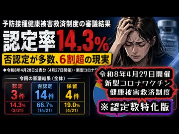 【認定数特化版】◆自民党圧勝以降、例の救済認定率が酷いことになっています ～ 令和8年4月27日開催（4月28日公表分）新型コロナワクチン健康被害救済制度