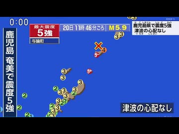 緊急地震速報記録　2026年5月20日11時46分ごろ沖縄本島近海地震　M5.9　50km　最大震度5強　沖縄県与論町　AI字幕入り