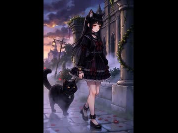 A listless cat-eared girl walks alongside a black cat.