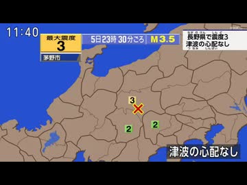 ⚠2026年6月5日23時30分ごろ長野県中部地震　M3.5　10km　最大震度3　茅野市（ちのし）　AI字幕入り