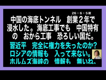 26・6・5夜　中国海底トンネル　開通2年で　漏水　国際会議場で　片山さつき『中国は　アジアのとって　必要の無い国』発言があったとか？本当に必要がない。中国何かすると　死人が出る。