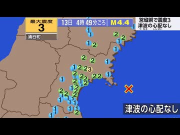 ⚠2026年6月13日4時49分ごろ宮城県沖地震　M4.4　70km　最大震度3　宮城県涌谷町　AI字幕入り