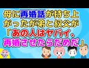 母に再婚話が持ち上がったが弟と叔父が相手に不信感を持ち興信所で調べたらしい。すると相手は借金持ちで女癖の悪いとんでもない男だという結果だった