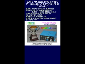 50MHz(6m) AM 送信出力0.2Wの自作機で約1,460km離れた8J6VLP局(佐賀県小城市)と交信できました(2018.05.12)