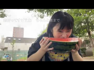 うなぁちゃんが公園でスイカを食べる→腕を水洗いするついでに髪の毛も水洗い