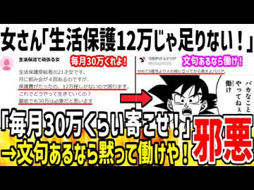 【左翼】女さん「生活保護12万じゃ足りない！もっと寄こせ！」→X民「じゃあ働けや！！」