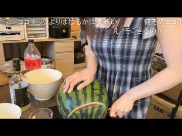 【いなさんがスイカの中身をくり抜いて、仮面を作る】いな「チャチャ丸（犬）一緒にお前もスイカマンになるか？」