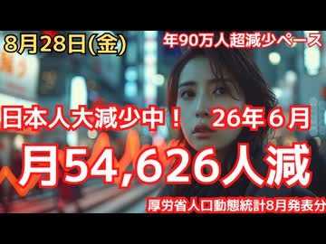 26年6月は日本人が54,626人減少！年90万人減少ペース　死亡者数は高止まり、出生はやや回復！　現象の原因はコロナワクチンか（厚労省人口動態統計速報値　８月発表６月分）