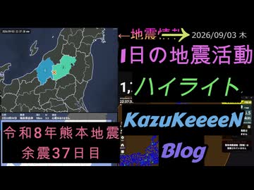 2026年09月03日 木曜日 地震活動ハイライト 令和8年熊本地震 余震37日目