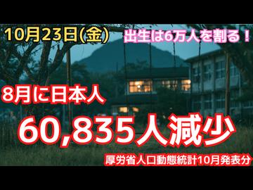【人口動態統計10月発表！】2026年8月は出生が6万人割れ！死亡は前年より増加 自然減は6.3万人　全く改善の見込みなし